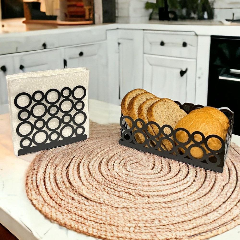 Decorelax Siyah Renk 2'li Set Ekmek Sepeti ve Peçetelik