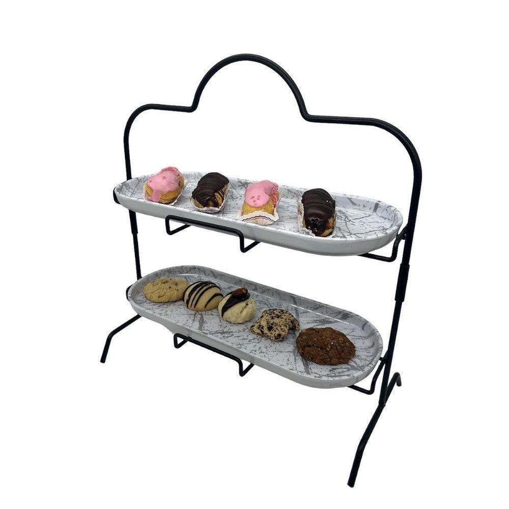 Decorelax 2 Katlı Beyaz Gümüş Zemin Mermer Desenli Melamin 13x32cm Metal Sunum Standı – İkram ve Ser - Mutbaka