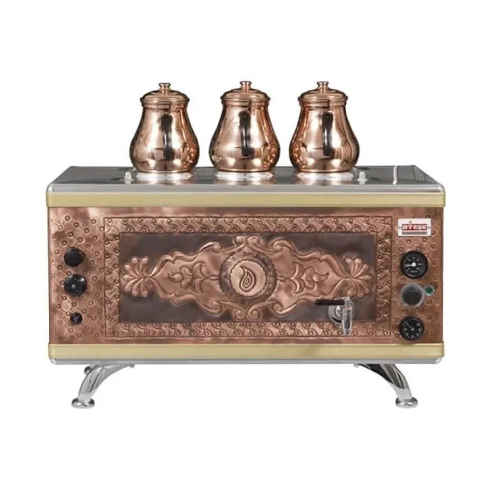 Ateşe GCAGE03 Gold Compact Otomatik Çay Kazanı, Gazlı & Elektrikli, 3 Demlik Kapasiteli, Bakır - Mutbaka Endüstriyel Mutfak Ekipmanları