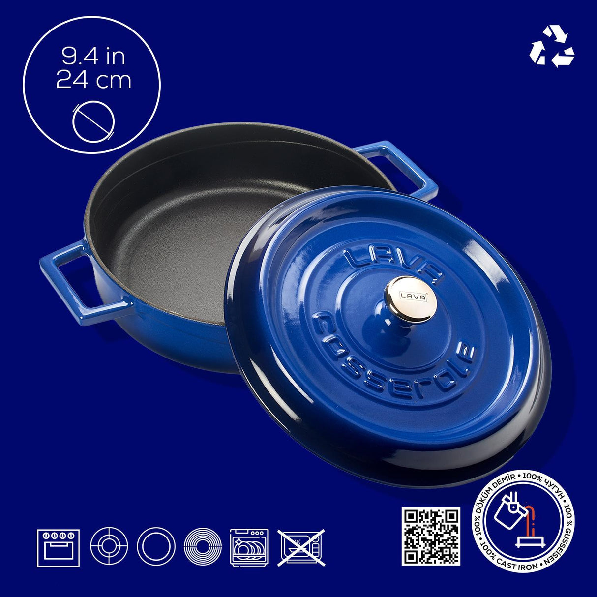 Lava Çok Amaçlı Yayvan Döküm Tencere Trendy Serisi 24 cm Mavi - Mutbaka