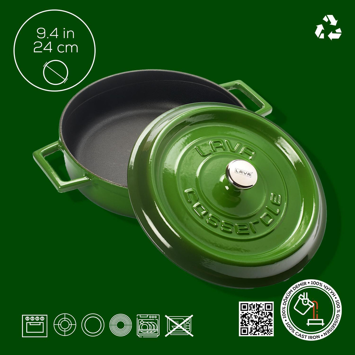 Lava Çok Amaçlı Yayvan Döküm Tencere Trendy Serisi 24 cm Yeşil - Mutbaka