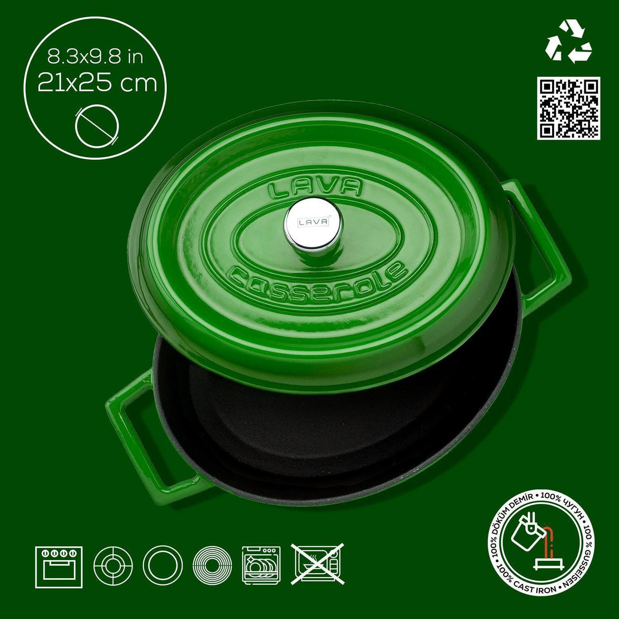 Lava Oval Döküm Tencere Trendy Serisi 21x25 cm Yeşil - Mutbaka
