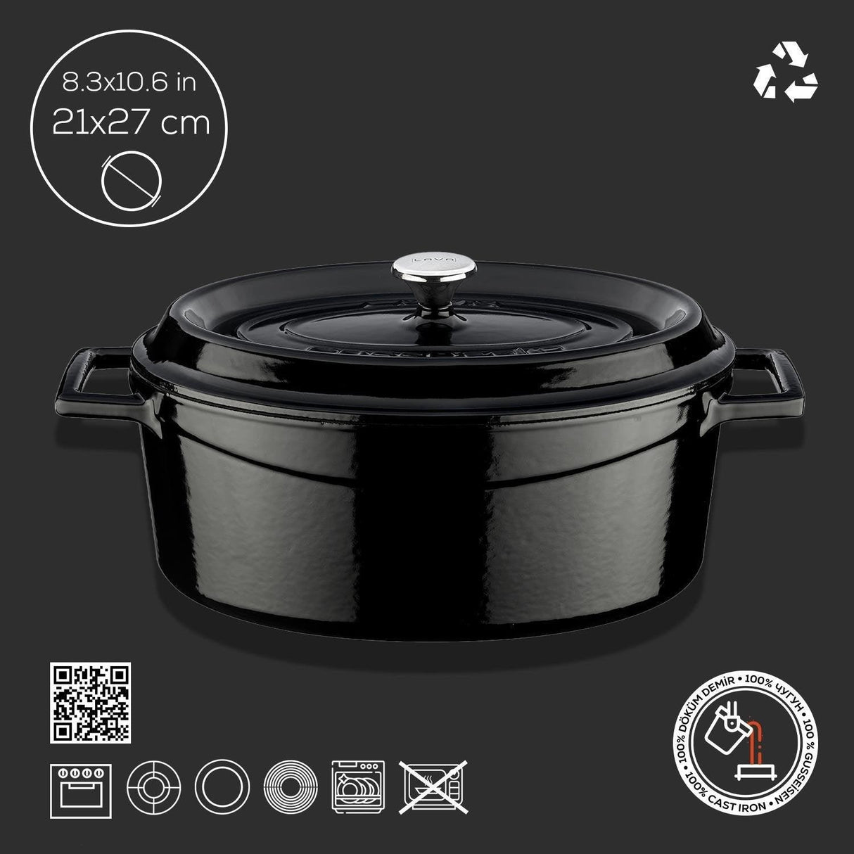 Lava Oval Döküm Tencere Trendy Serisi 21x27 cm Siyah - Mutbaka
