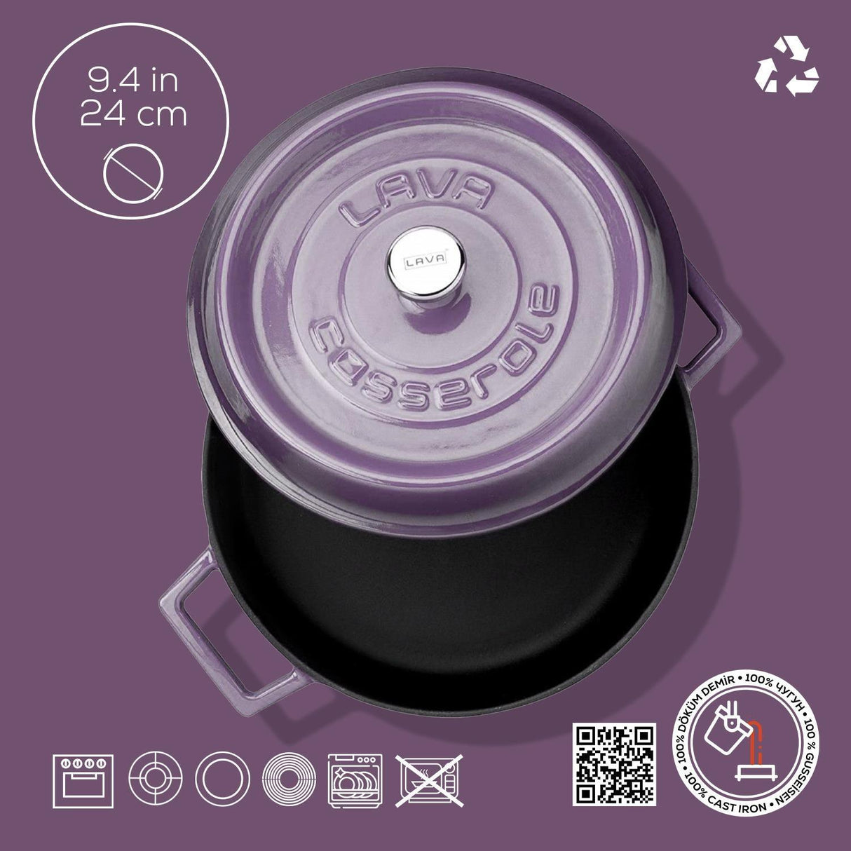 Lava Çok Amaçlı Yayvan Döküm Tencere Trendy Serisi 24 cm Mor - Mutbaka