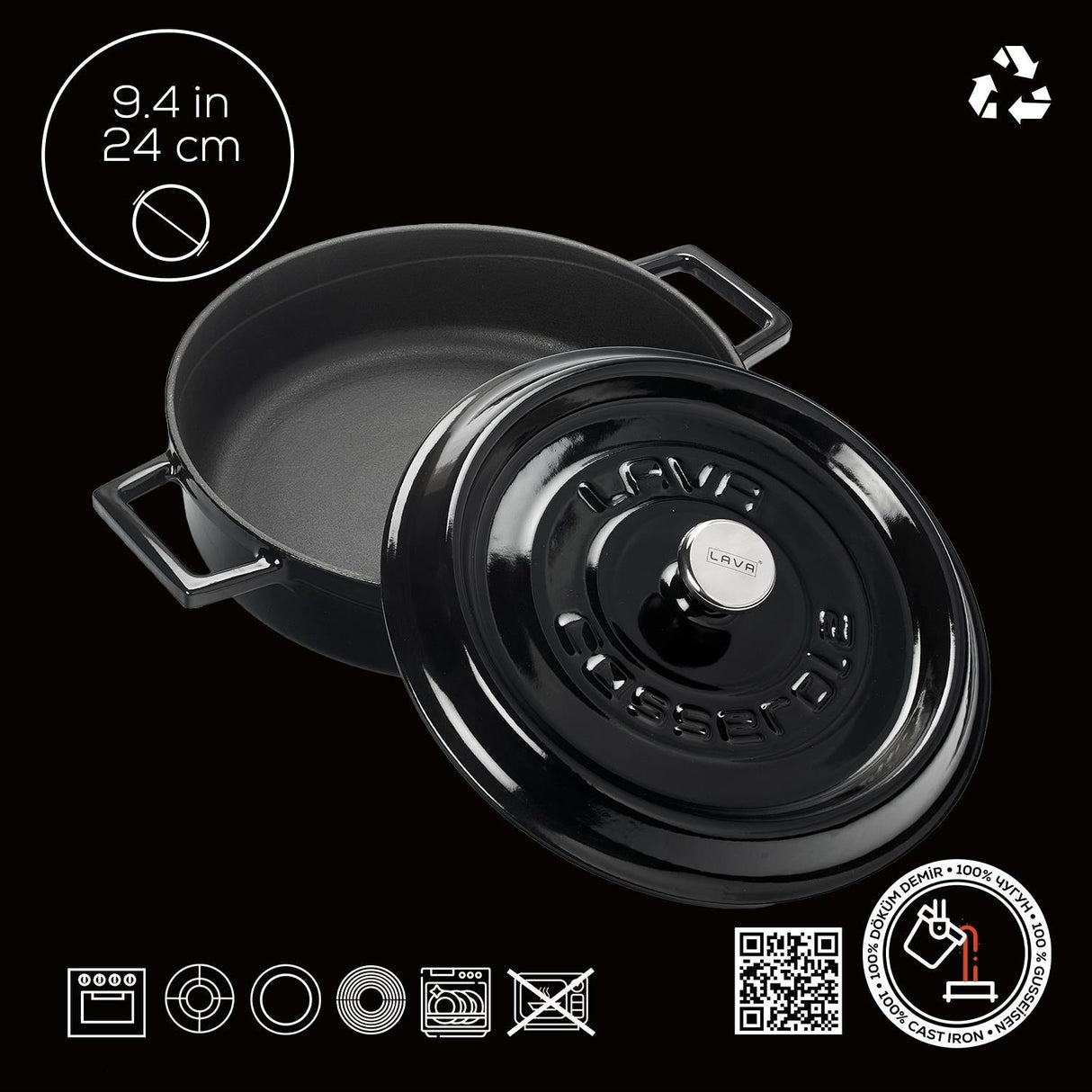 Lava Çok Amaçlı Yayvan Döküm Tencere Trendy Serisi 24 cm Siyah - Mutbaka