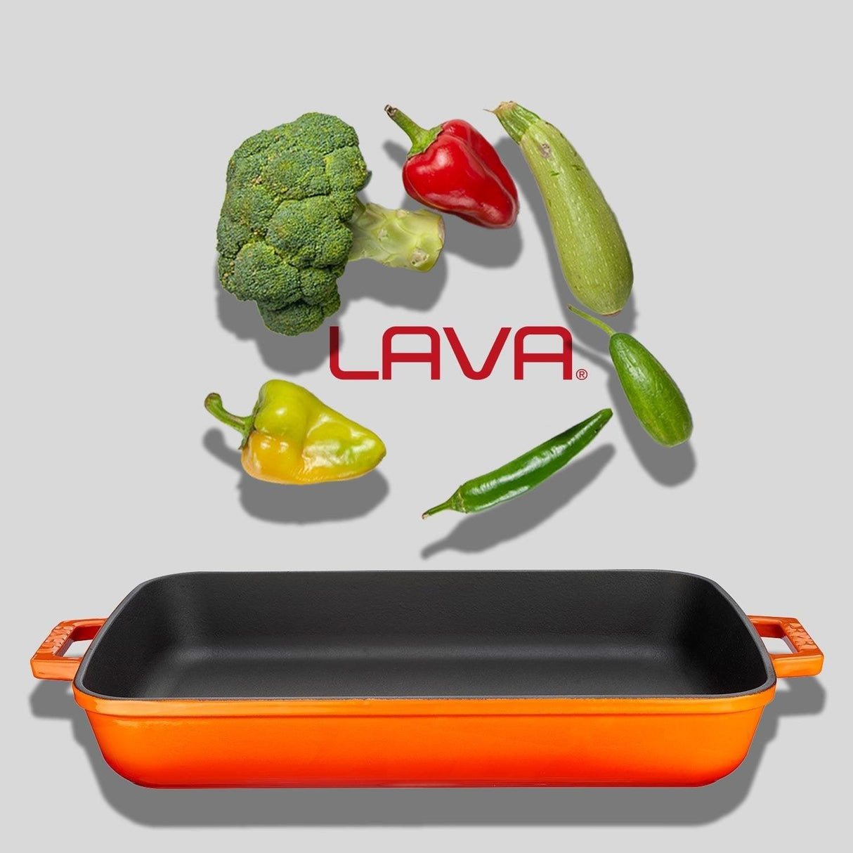 Lava Döküm Dikdörtgen Rosto ve Fırın Tepsisi Döküm Demir Yekpare Çift Kulplu 26x40 cm Turuncu - Mutbaka