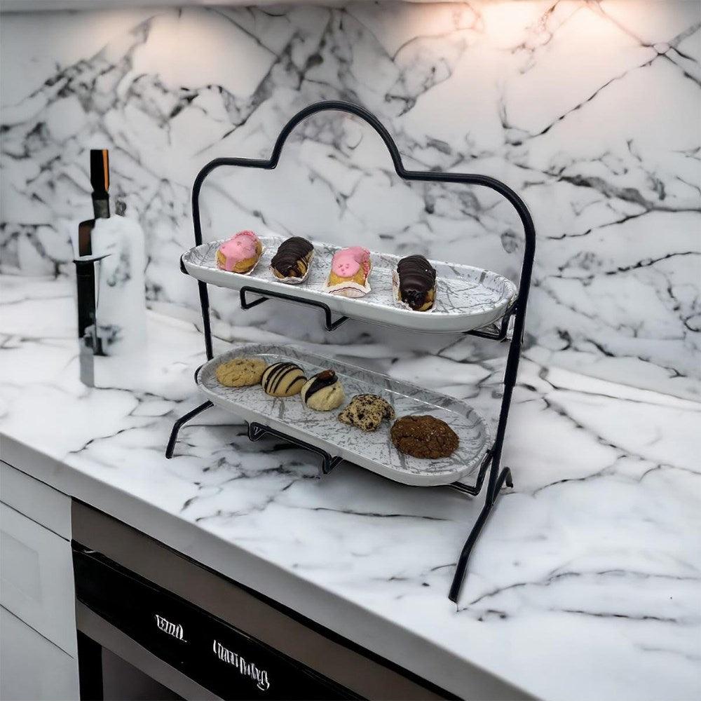 Decorelax 2 Katlı Beyaz Gümüş Zemin Mermer Desenli Melamin 13x32cm Metal Sunum Standı – İkram ve Ser - Mutbaka