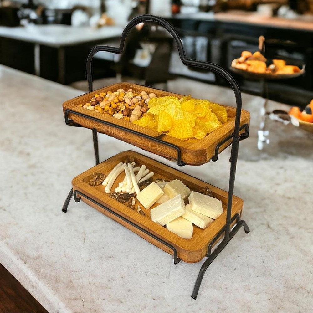 Decorelax 2 Katlı Ahşap Zeminliı 15x27cm Metal Standlı Ahşap Sunum Standı – İkram ve Servis İçin Mod - Mutbaka