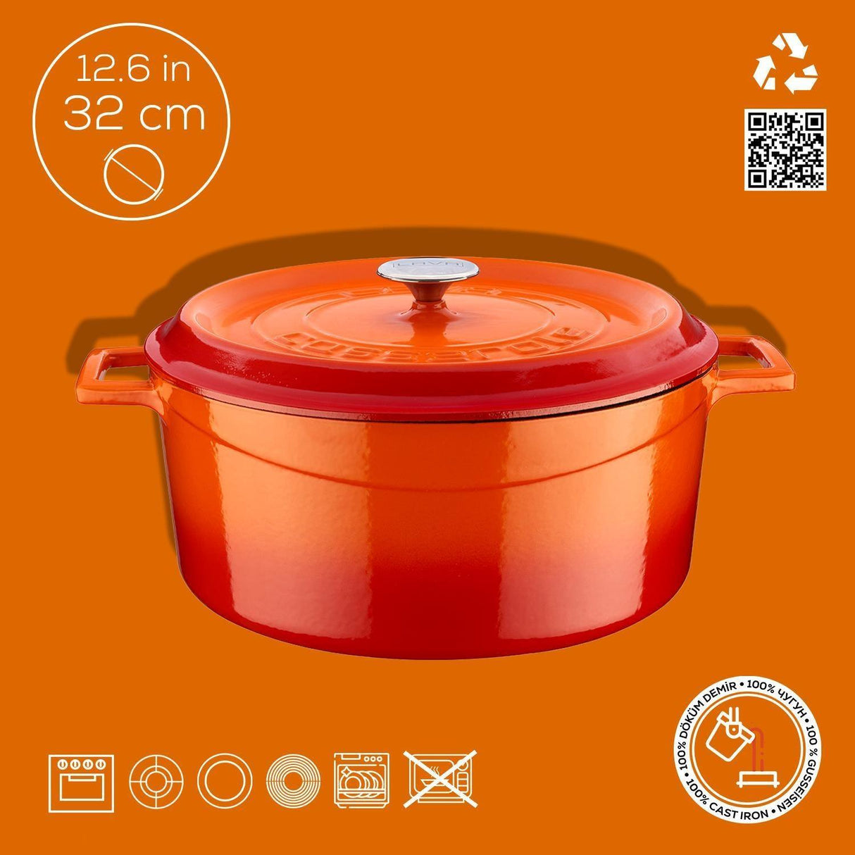 Lava Yuvarlak Döküm Tencere Trendy 32 cm Turuncu - Mutbaka