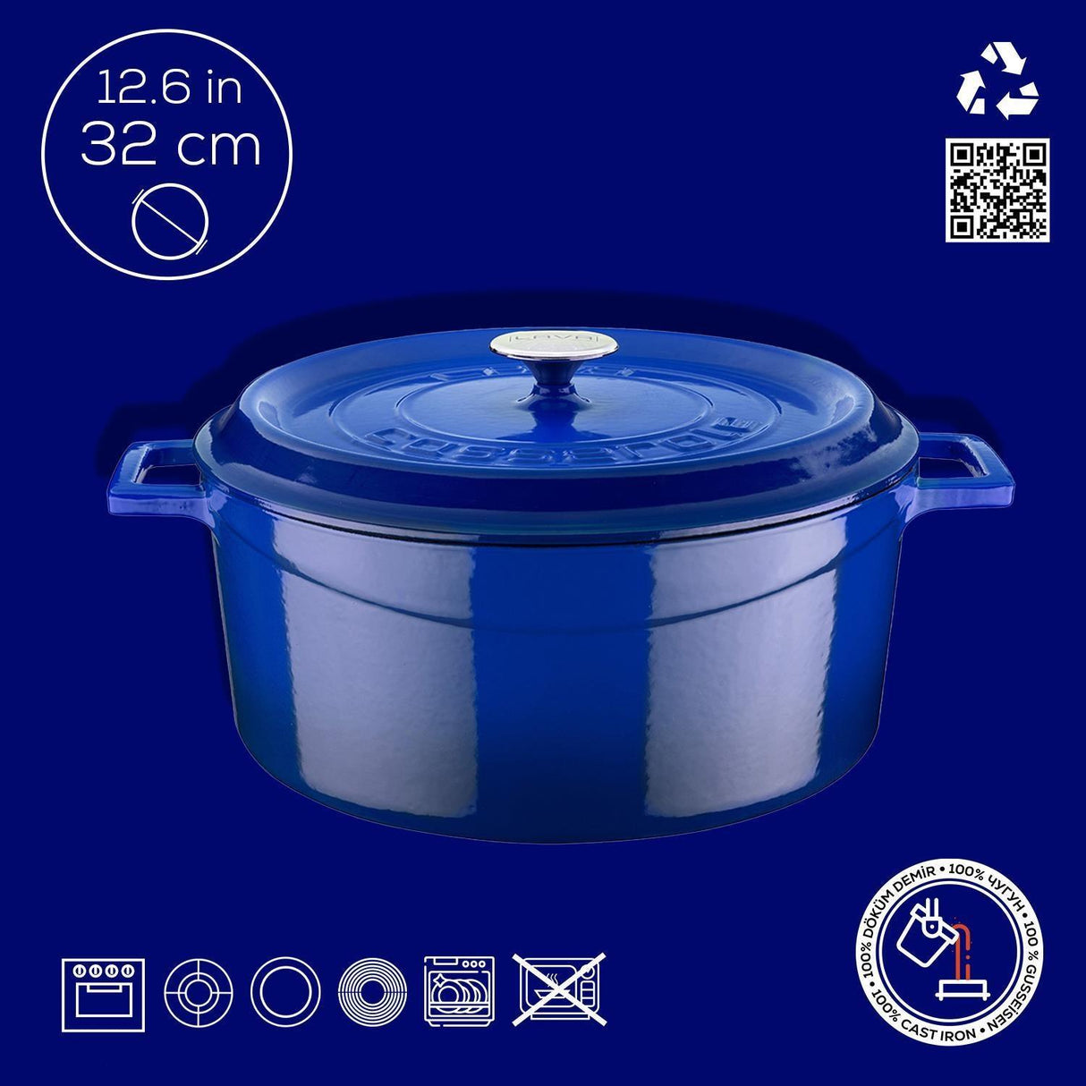 Lava Yuvarlak Döküm Tencere Trendy 32 cm Mavi - Mutbaka